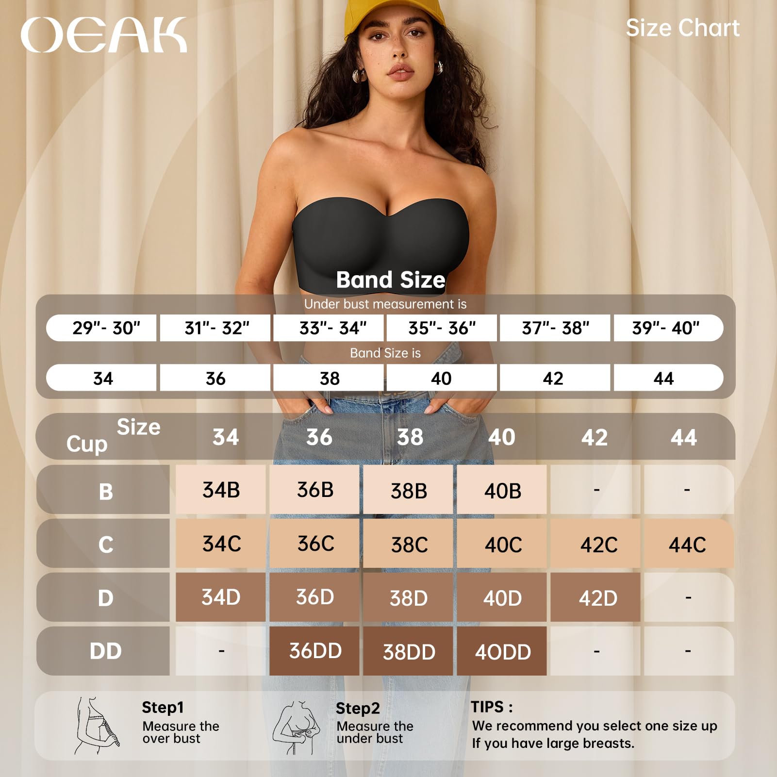 OEAK Reggiseni da donna senza spalline con ferretto multiway antiscivolo a tubo top push up bralette senza cuciture imbottito reggiseno a fascia, nero, (44) C