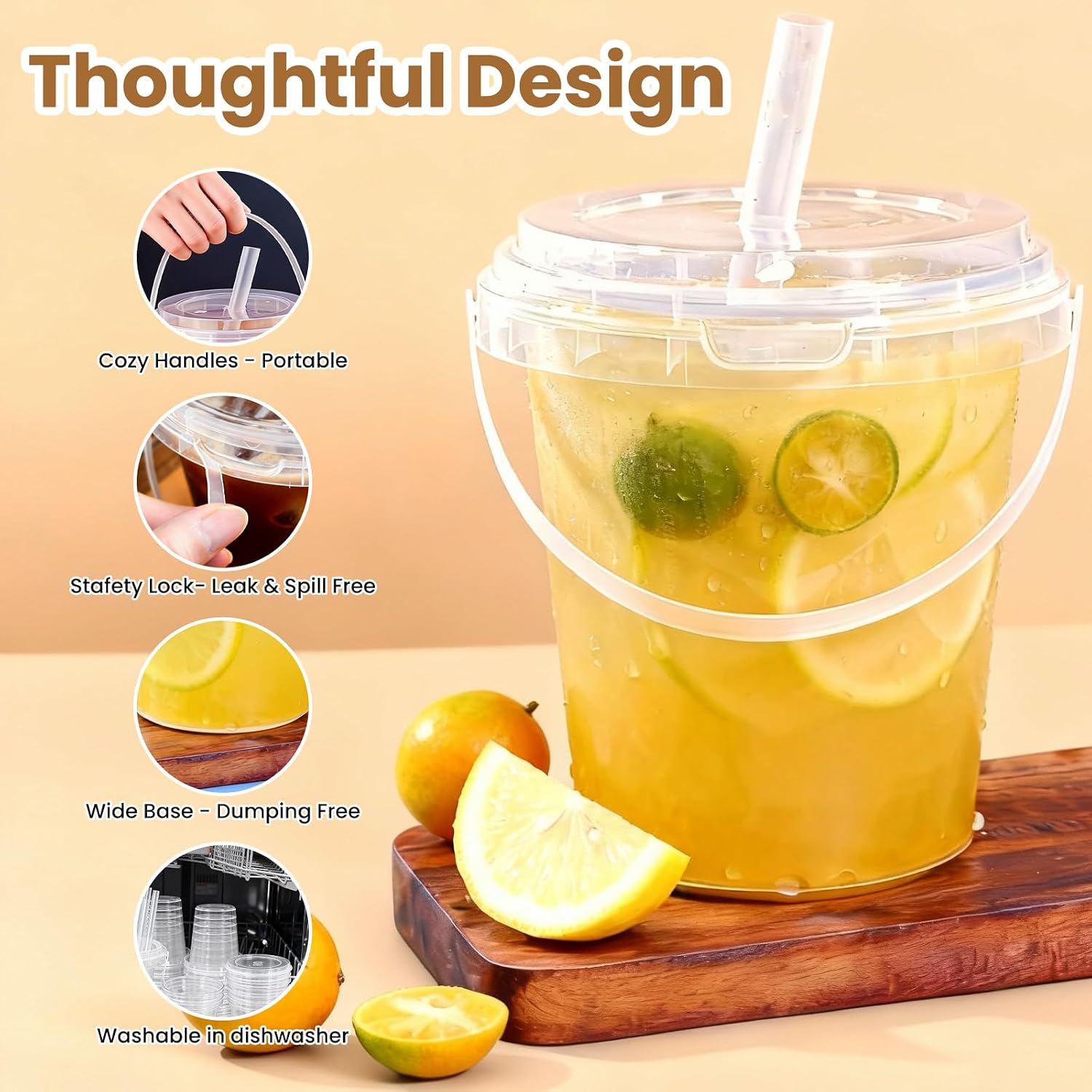60 Sets 34oz Bucket Cups with Lids and Straws, Handles Included, Sturdy Reusable Drink Buckets and Coffee Buckets for Iced Coffee, Smoothies, Milkshakes and Fruit Drinks