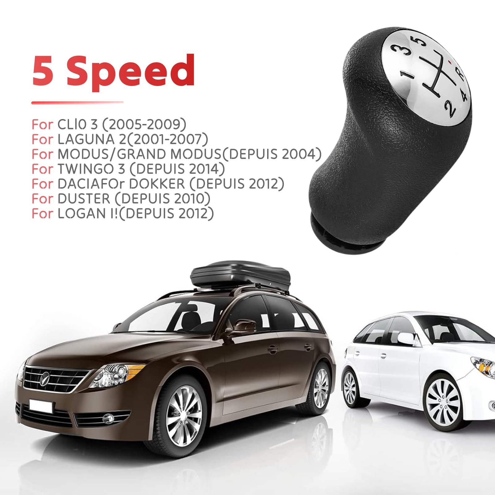 5-biegowa ręczna gałka dźwigni zmiany biegów do Clio III, Megane 2 Laguna 2, Clio 4, skóra PU z adapterem, skóra PU i PVC, ergonomiczna konstrukcja, łatwa instalacja z adapterem