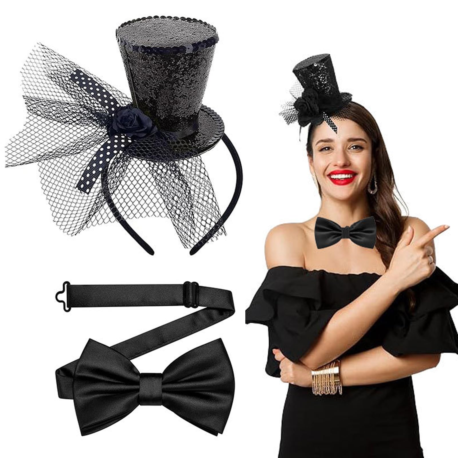 Myqiqi Mini Top Hat Headband& Bow Tie Set - Black Steampunk Headband with Veil for Halloween, Circus Costume and Christmas Party ﻿