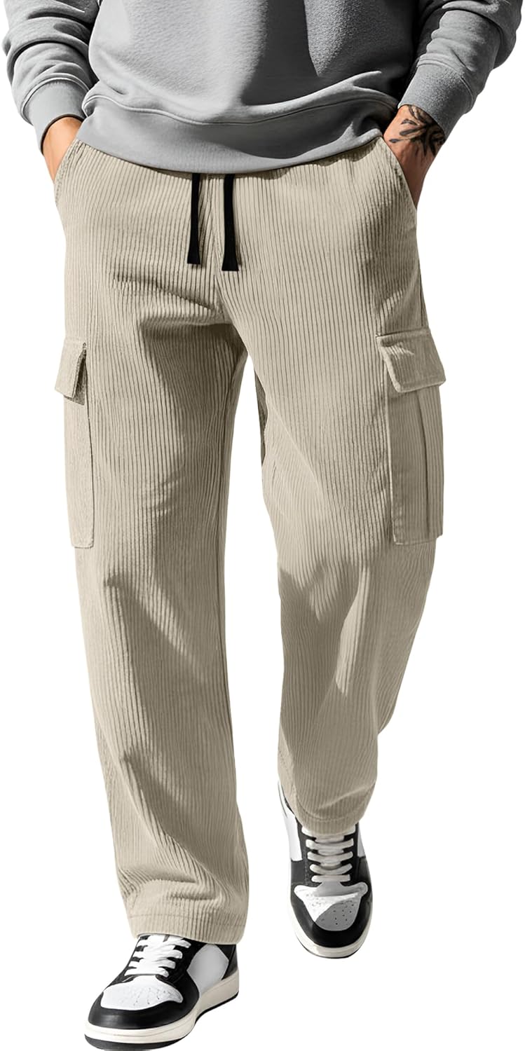 August Alley Men's Corduroy Cargo Pants Drawstring Elastic Waist Baggy Sweatpants Casual Loose Fit Wide Leg Pant with Pockets