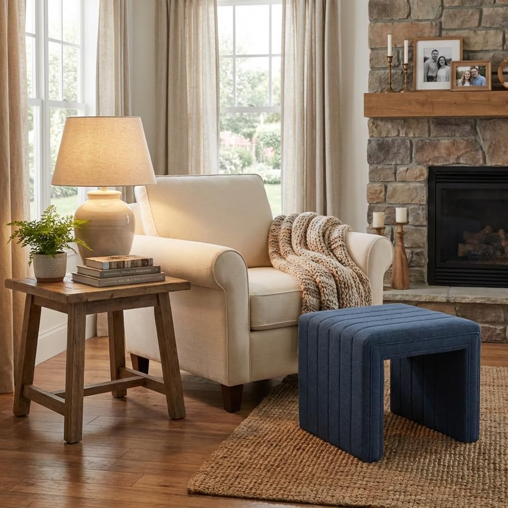 HomePop 19" Modern Channel Tufted Ottoman - Blue Woven Fabric