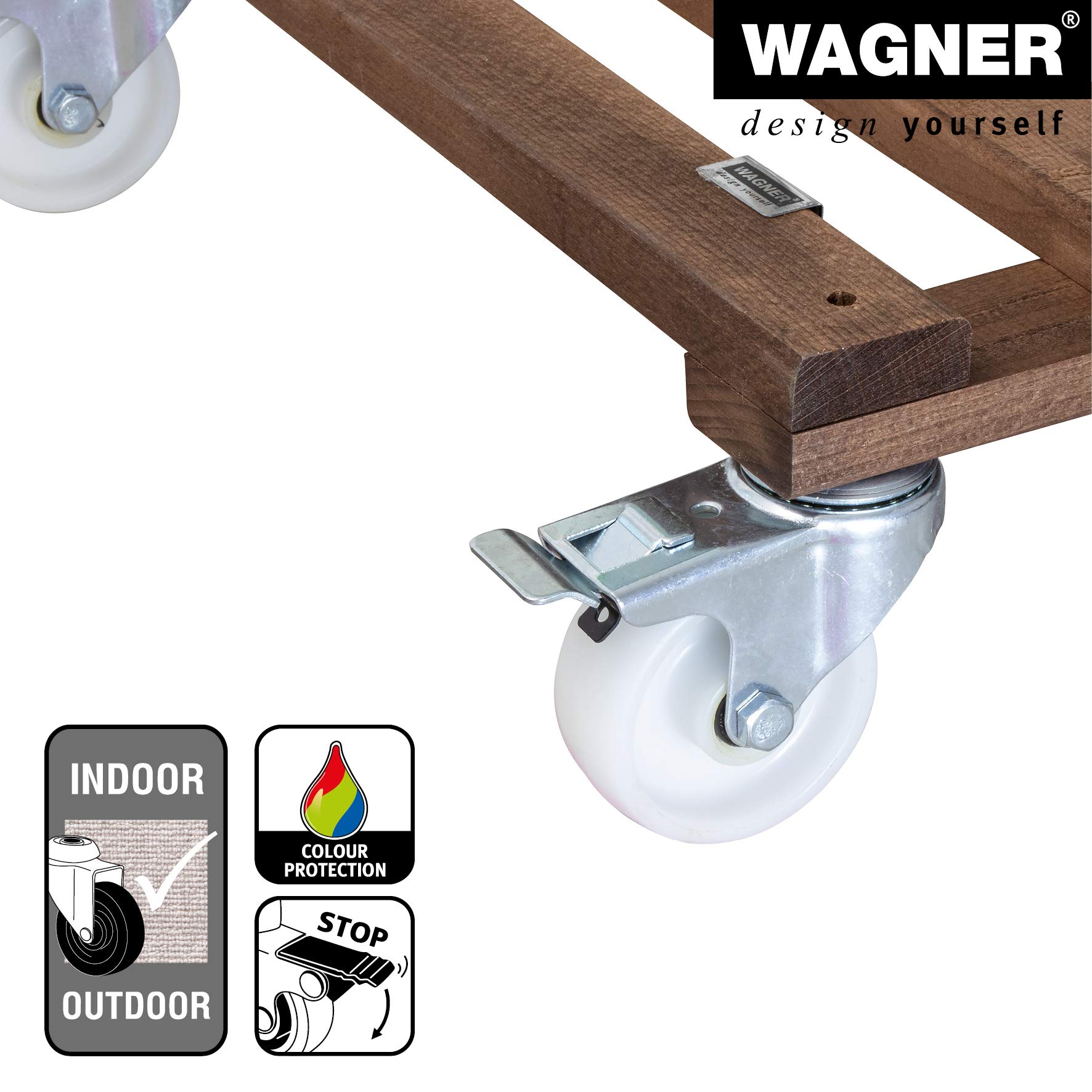 WAGNER Support à roulettes pour Pot de Fleur PALETTI BIG 45 x 45 x 13 cm I intérieur + extérieur I Bois Massif certifié FSC®, Marron I 2 Freins I Capacité de Charge 250 kg I Made in EU - 20087001