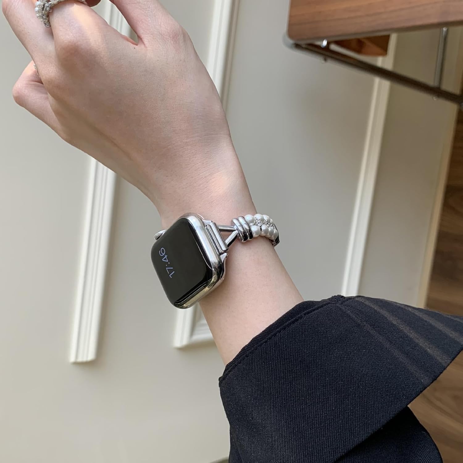 KnFISH Unique Pearl Designer Bracelet for Apple Watch 10 42mm Bands Women-Dressy Iwatch Band Metel Iphone Watch Wrap Compatible With Bling Apple Watch Series 10 9 8 7 6 5 4 3 2 1 se band 38/40/41mm