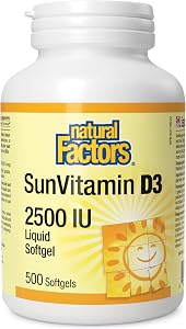 Natural Factors Vitamine D Soleil 2500 UI 500 Gélules D3 Vitamine | HAUTE POTENCE, FORMAT ÉCONOMIQUE - Approvisionnement de 16+ Mois, Aide à Prévenir la Carence en Vitamine D3
