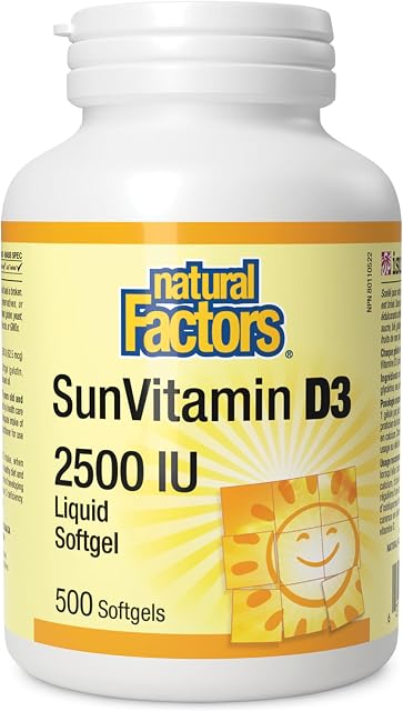 Natural Factors Vitamine D Soleil 2500 UI 500 Gélules D3 Vitamine | HAUTE POTENCE, FORMAT ÉCONOMIQUE - Approvisionnement de 16+ Mois, Aide à Prévenir la Carence en Vitamine D3
