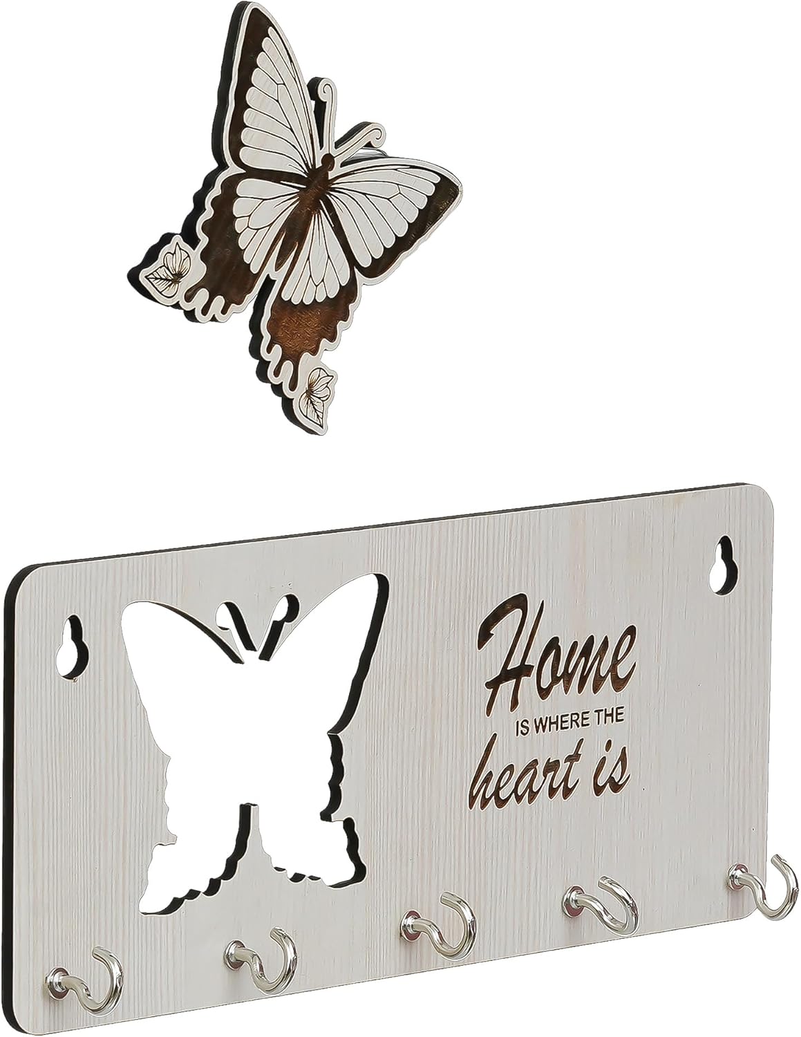 Webelkart Premium Home is Where The Heart is Wooden Key Holder for Home/Office Decor, Key Hanger for Wall Decor,Key Stand (with Butterfly Cutout)