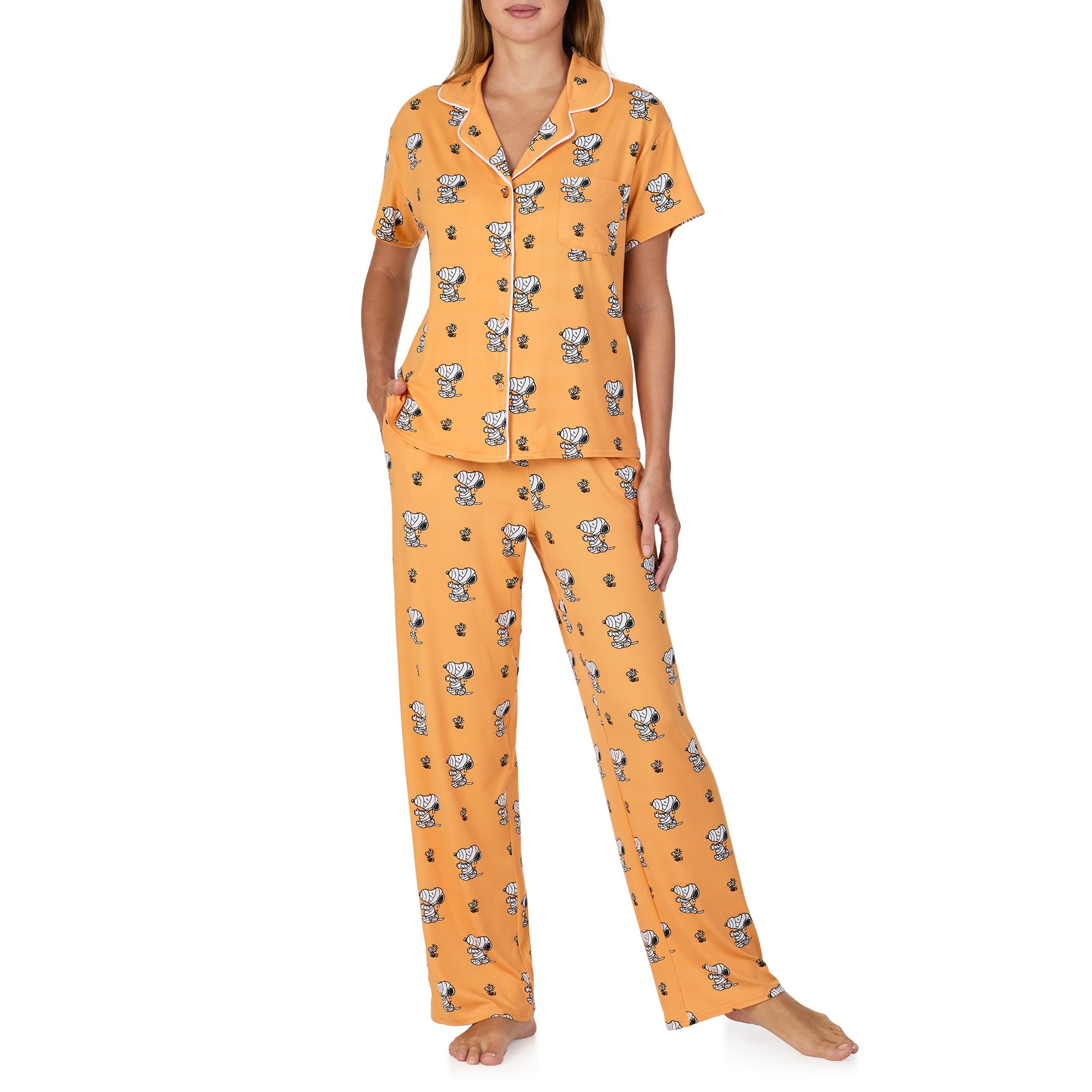 Halloween Pajama Set - Notch Collar Button Up Top and Long Pants for Women