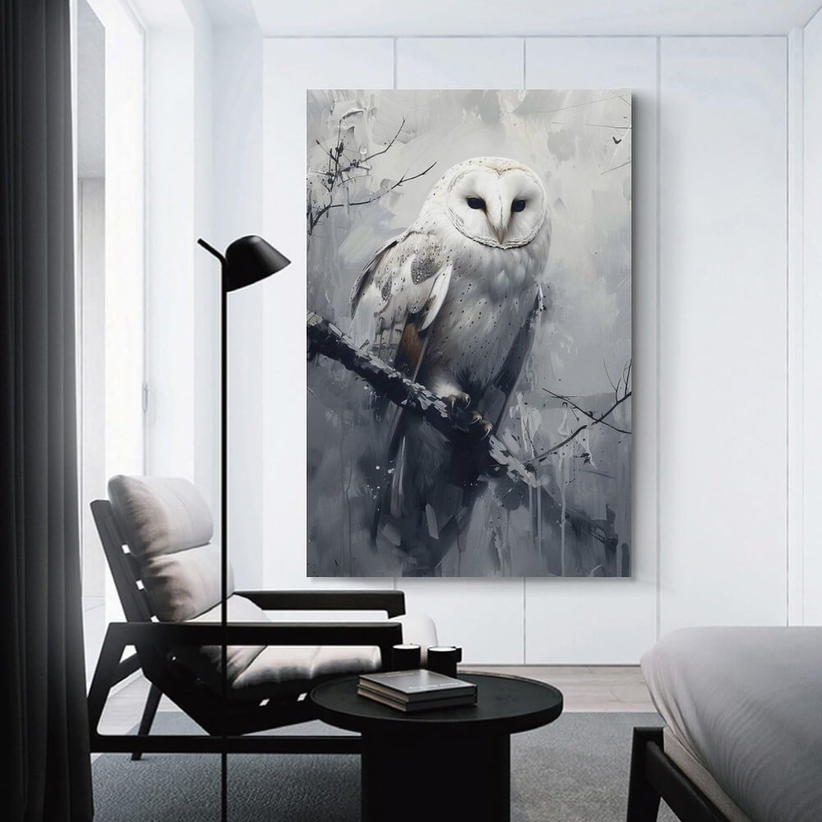 Junmoney White Owl in Fog Room Decor Wall Art, 24x36inch(60x90cm), for Living Room, Lounge Or Sitting Room, A Home Accent with Warm Character