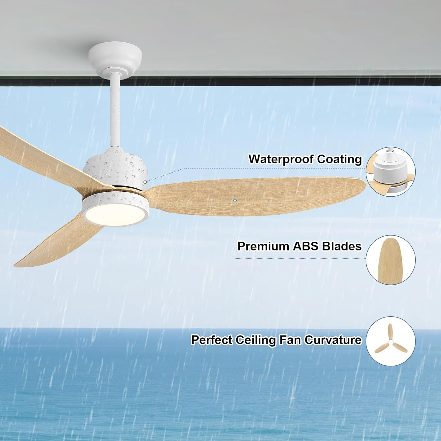 WINGBO 52" Outdoor Ceiling Fans with Lights, Wet Rated Waterproof Indoor Ceiling Fan with Remote, 3 ABS Blades Modern Ceiling Fan,Quiet 6-Speed DC Motor, for Porch Patios Bathroom, White+Light Wood