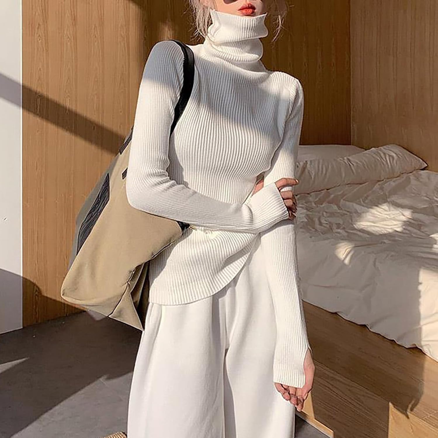 Women Turtleneck Ribbed Knitted Sweater Thumb Hole Long Sleeve Casual Pullovers Winter Thermal Slim Fit Bottoming Top - Image 2