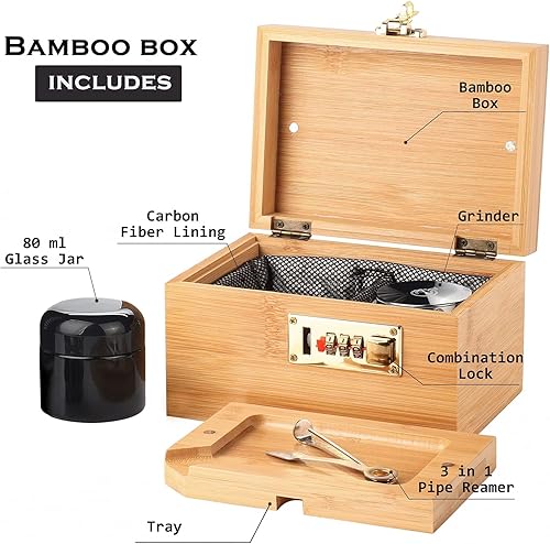 Miniatura 26 de OZCHIN Caja grande de bambú con cerradura de combinación, caja decorativa para el hogar, gran opción de regalo, caja de almacenamiento con tarro