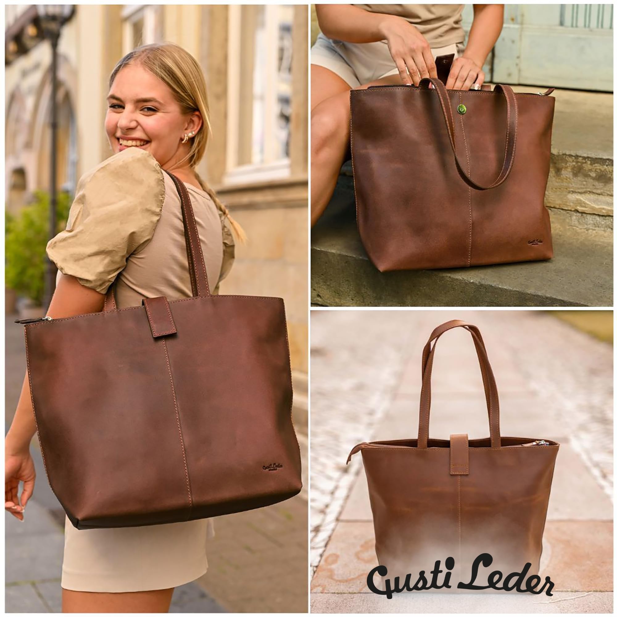 Gusti Shopper Leder Alexandra - Große Ledertasche für Uni & Büro - Handtasche Damen mit großzügigem Stauraum für Laptops bis 15 Zoll