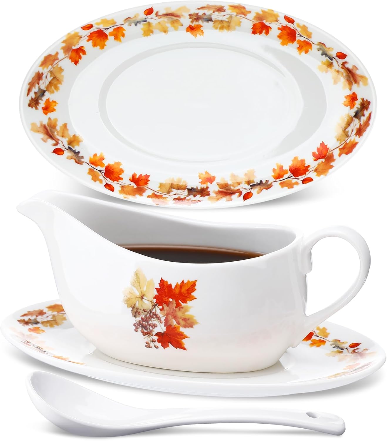 20 oz Fall Gravy Boat with Ladle and Saucer Thanksgiving Autumn Maple Leaf Ceramic Gravy Bowl with Tray Dripless Lip Spout Serveware Set Microwave Dishwasher Safe for Salad Cream Milk