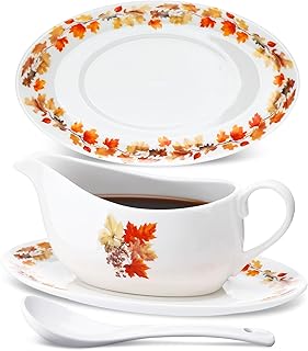 13.5 oz Fall Gravy Boat with Ladle and Saucer Thanksgiving Autumn Maple Leaf Ceramic Gravy Bowl with Tray Dripless Lip Spout Serveware Set Microwave Dishwasher Safe for Salad Cream Milk