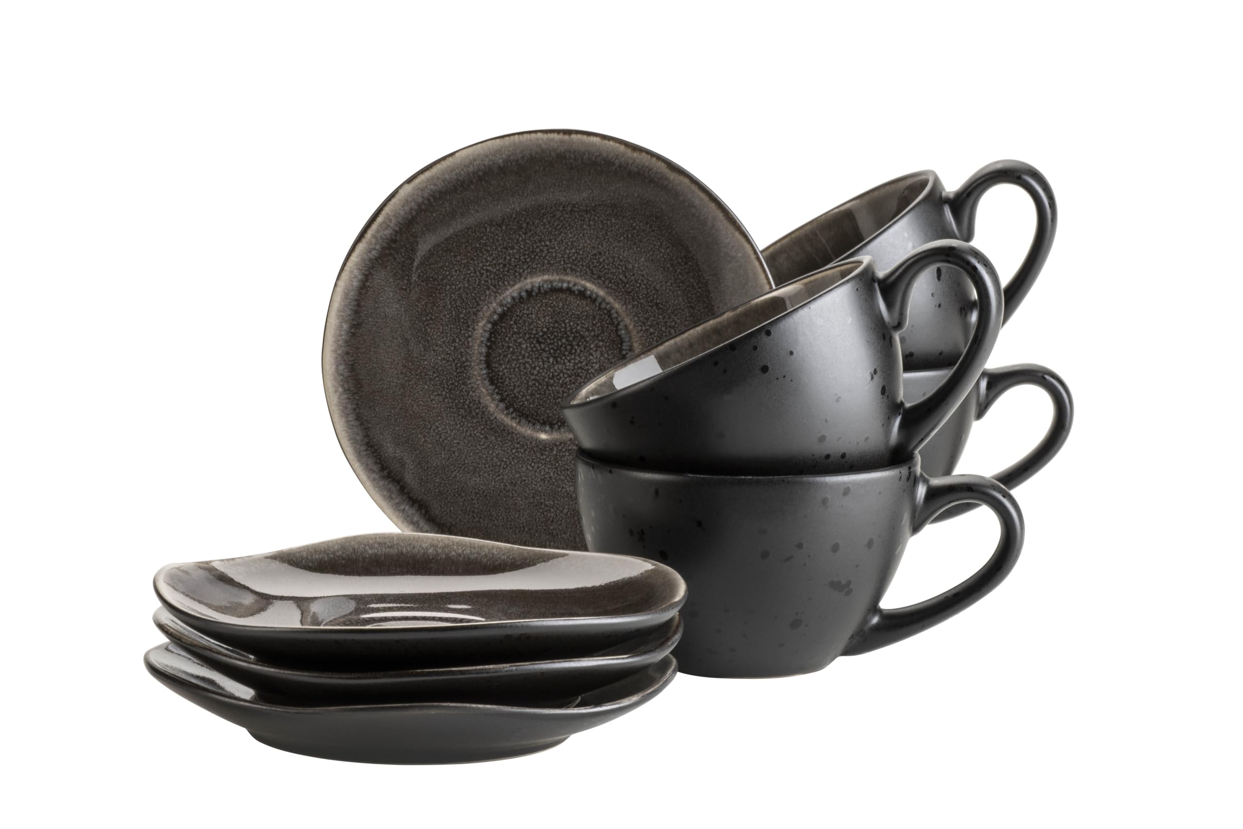 MÄSER 934071 Serie Niara Organic - Set di tazze da caffè per 4 persone, in stile vintage, 8 pezzi, con particolare combinazione di smalti in nero e marrone, in gres