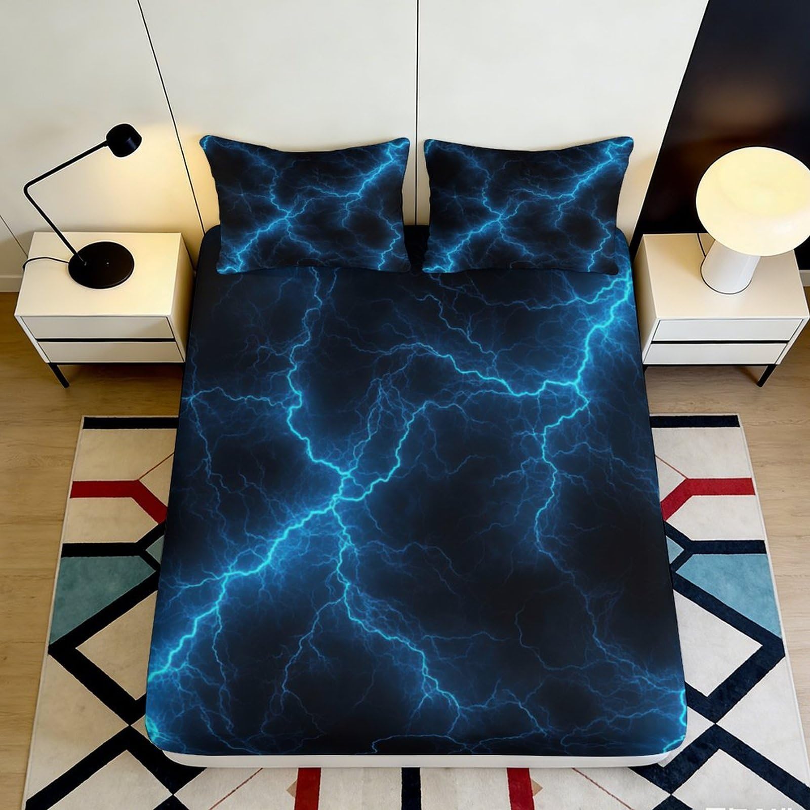 Uxinyoume Style-4 3D Printed Electric Lightning Fitted Sheet Microfiber Blue Thunderstorm Bed Cover For Bedroom Guest Room Decor 90X200x25cm
