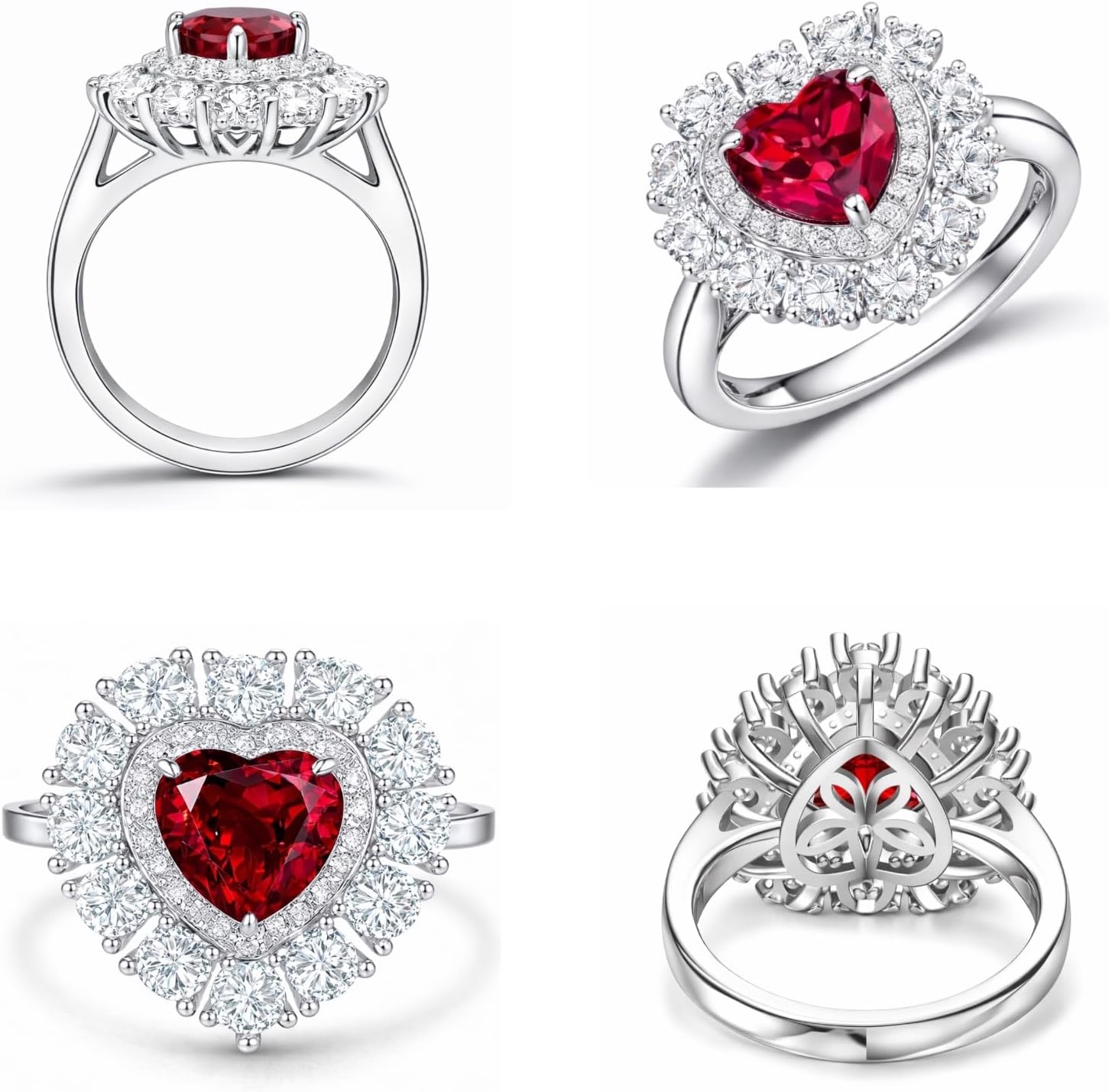 Heart-Shaped Lab-Grown Ruby Ring for Women, D-Color Moissanite Double Halo, 925 Sterling Silver with Thick Rhodium Plating, July Birthstone Statement Anniversary Fine Jewelry Gift for Her, Wife, Mom, Sizes 6–10