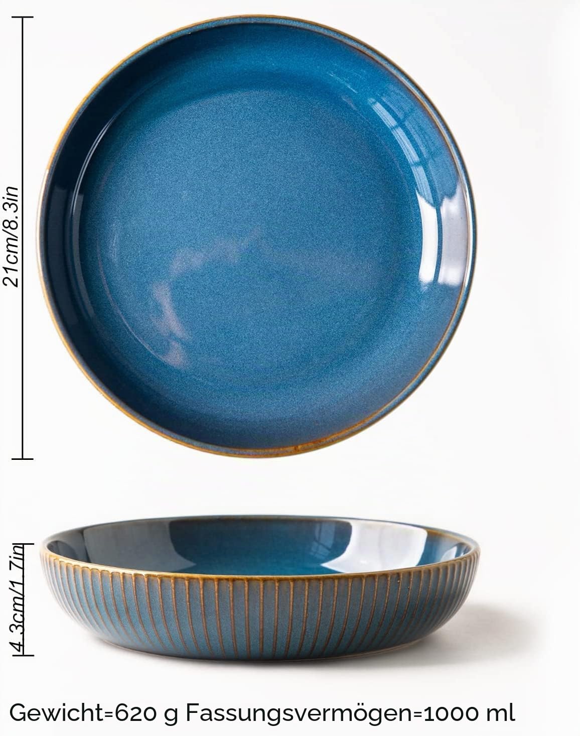CSYY 4 Teiliges Pastateller aus Keramik, 21cm Tief Pasta Teller Set Pastaschüsseln Groß Suppenteller Tiefe Salatteller Mikrowelle & Spülmaschinenfest Blau