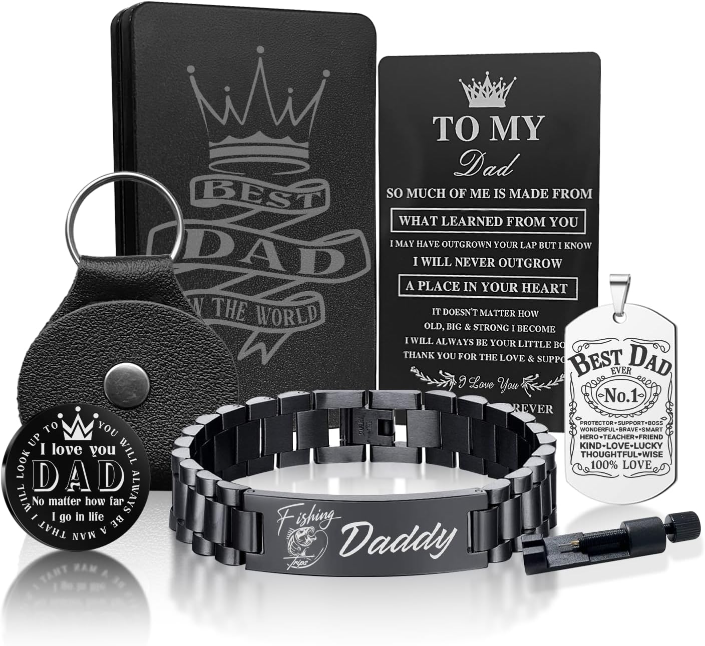 Gifts for Dad, Dad Birthday Gift, Dad Gifts from Daughter 5 Pieces -Black Bracelets for Men, Money Clip, Pocket Hug, Gift Cards, Gift Box, Gifts for Dad from Son, Best Dad Gifts(style 0)