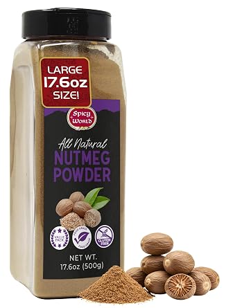 Spicy World Nutmeg Powder 17.6oz Jar 500g - Premium Quality, Ground Nutmeg, Pure & Aromatic Spice for Baking, Cooking, Smoothies, Lattes & Desserts