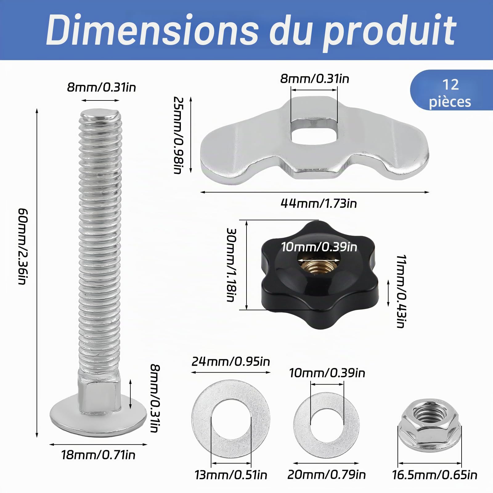 12 Pièces Connecteurs à Vis, M8 X 60mm Ferrures de Rechange Rail D'arrimage, Acier Galvanisé Ferrure D'extrémité Simples, 500 daN Fileté Accessoires de Fixation pour Rail en L