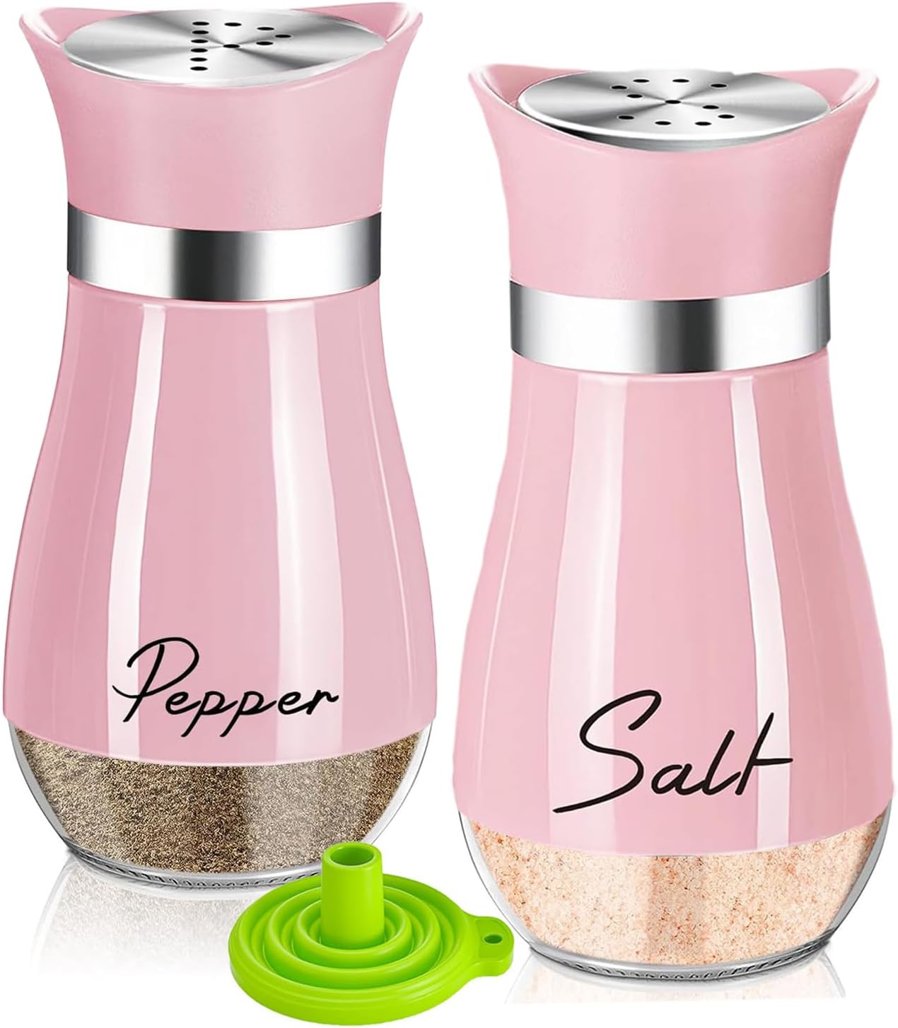 Salt and Pepper Set,Salt and Pepper Shakers Sets with Glass Bottle, Stainless Steel Spice Dispenser Kitchen Accessories for Home,Kitchen, Restaurant, Dining Table (Pink)