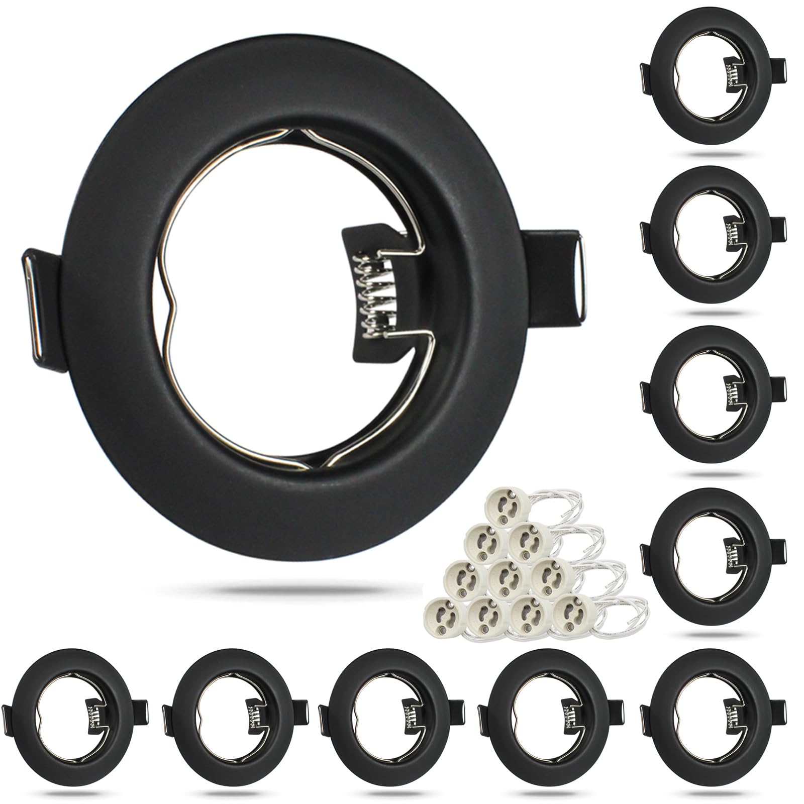 HiBay 10er LED Einbaustrahler 230V GU10 Einbaurahmen Rund Schwarz 65-68mm Einbauspots Inkl. GU10 Fassung für LED oder Halogen Leuchtmittel