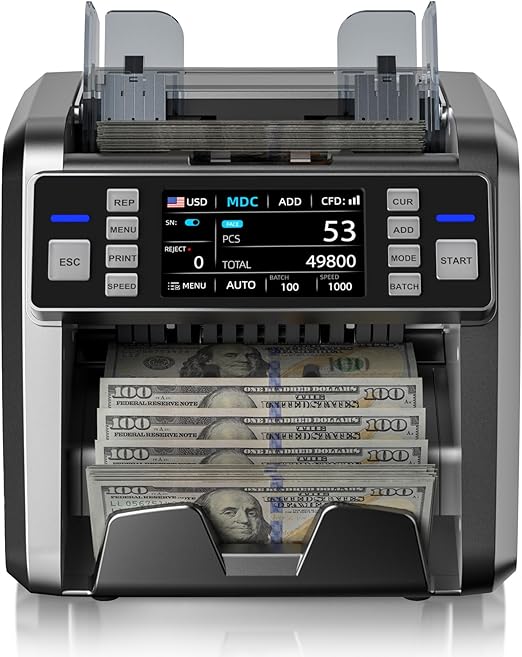 Aneken Mixed Denomination Money Counter with Counterfeit Detection, Touch Screen, and 2CIS/UV/MG/IR/DD/DBL/HLF/CHN, Value and Mixed Counting for Accurate Cash Counting