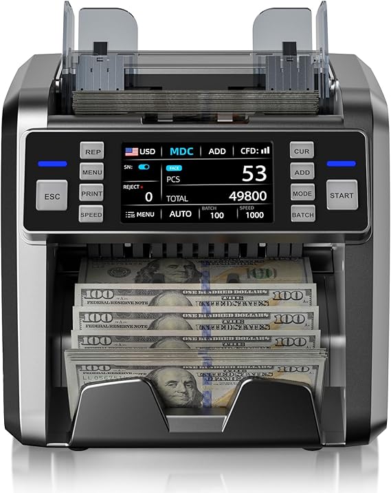 Aneken Mixed Denomination Money Counter with Counterfeit Detection, Touch Screen, and 2CIS/UV/MG/IR/DD/DBL/HLF/CHN, Value and Mixed Counting for Accurate Cash Counting
