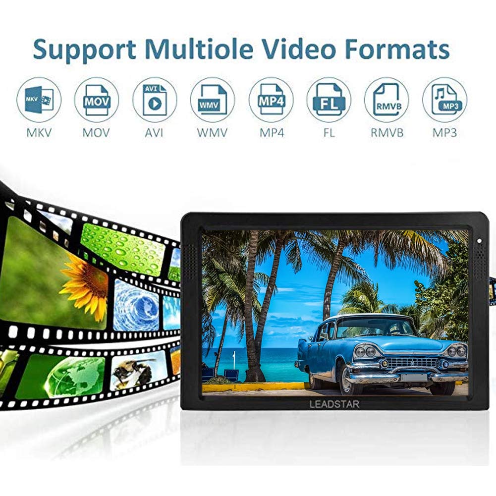 TV Portable 12 Pouces, Télévision Numérique T/T2 1080P 16: 9 avec 2 Haut-Parleurs pour Chambre à Coucher,Cuisine,Caravane,Voiture-Support Antenne/VGA/AV/Casque/HDMI/USB,Carte SD/MMC