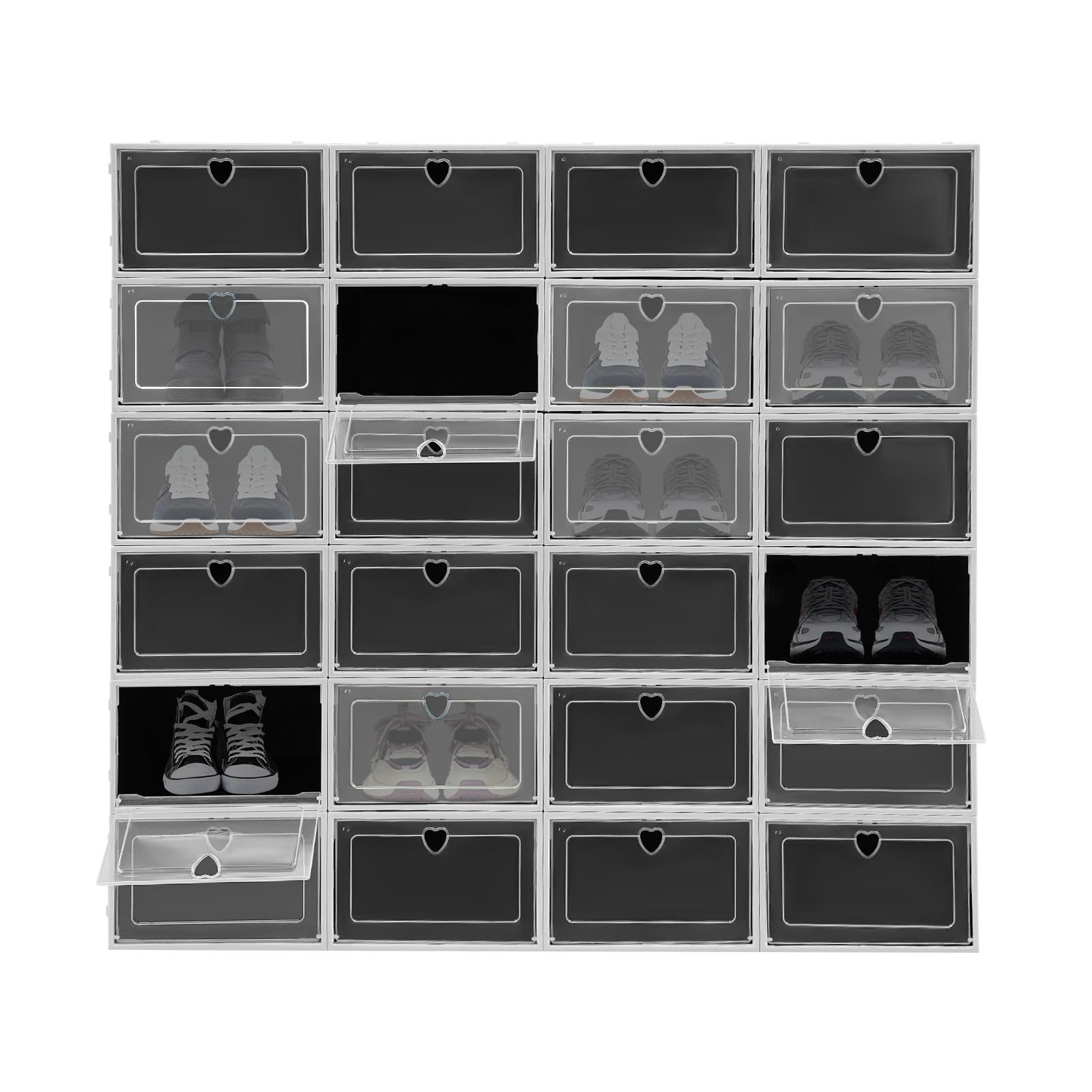 DKSLALALI Large Shoe Storage Organizer, 24 Pack Shoe Storage Box Thicken Sturdy Plastic Shoe Drawers with Lids Stackable Shoe Container Bins for Sneakers Storage Interlocking Design Shoe Rack (Black)