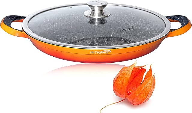 INTIGNIS Professional Paella Pan with Oven Safe Lid 36cm Kitchen Cookware Non Stick  PFOA Free  Ceramic Non Stock Coating  Induction Electric Oven Gas BBQ Grill Safe