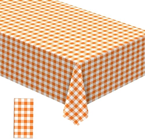 Mantel de plástico a cuadros naranja y blanco, decoración de otoño y Acción de Gracias, a cuadros, desechable, decoración de comedor y cocina, 54 x