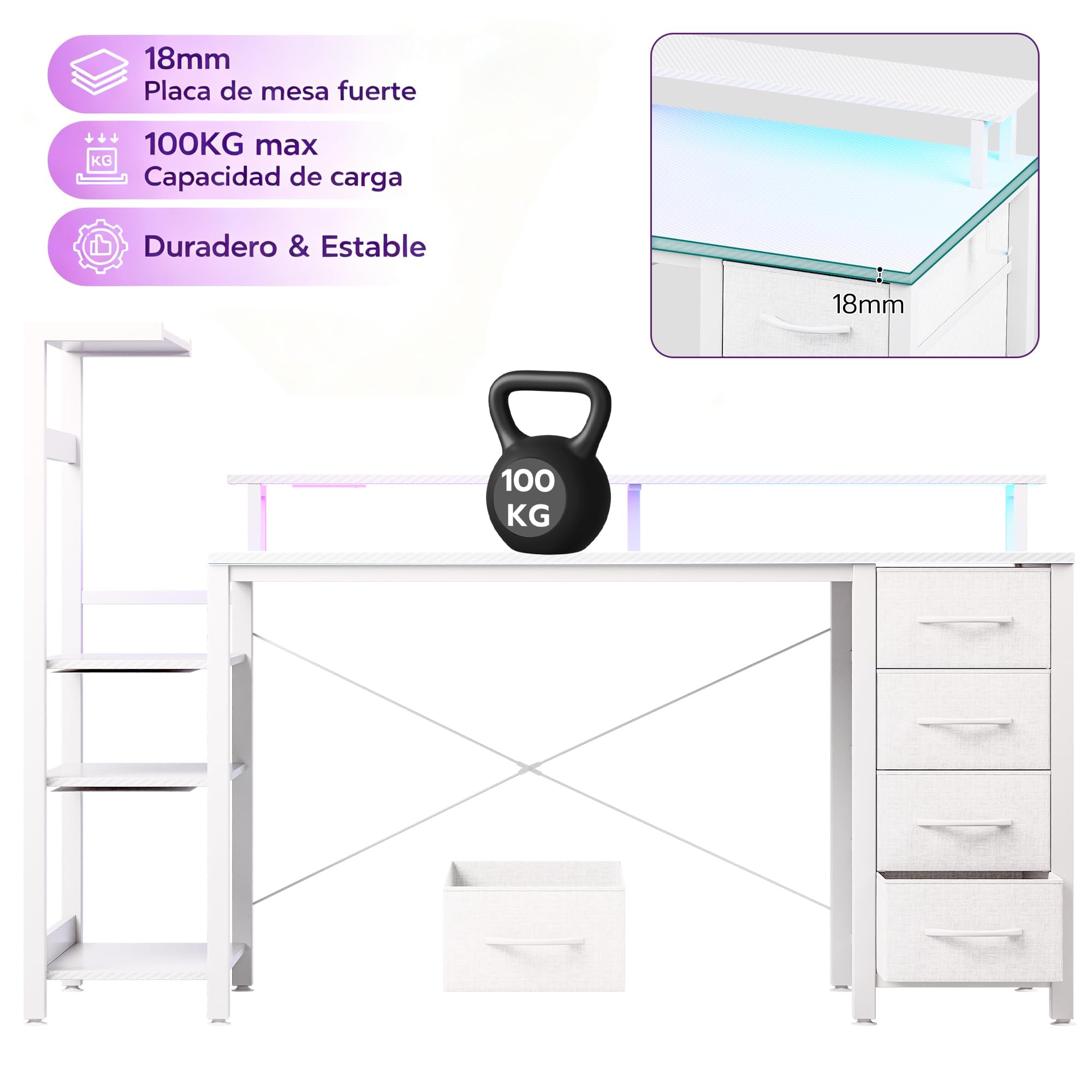 APICIZON Mesa Gaming 150 x 50 cm con Estantería - Escritorio de Ordenador Reversible con Luces LED RGB, 2 Puertos USB, Soporte para Auriculares y Bebidas, Textura de Fibra de Carbono Blanco