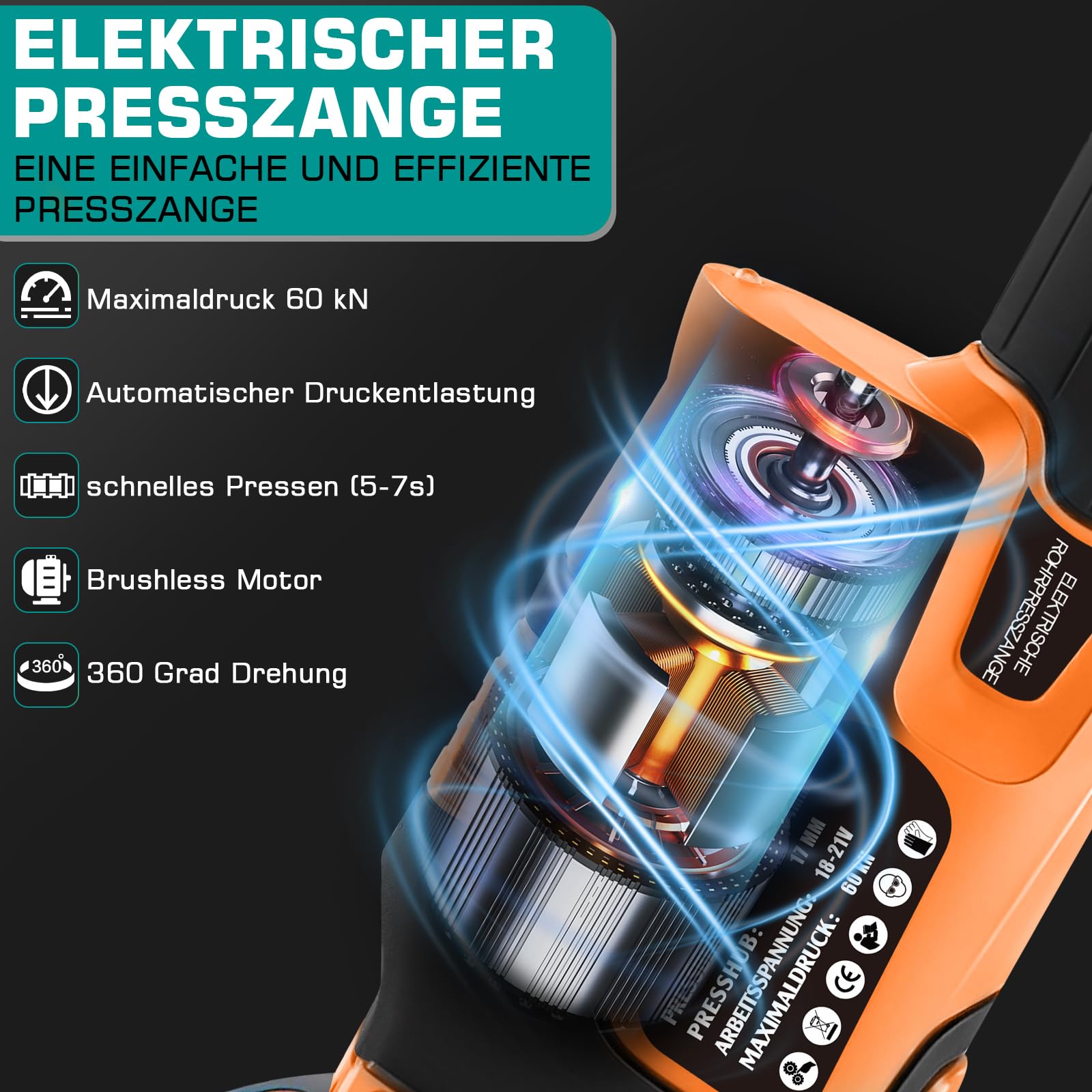 18V Offene Zange Akku Presszangen Set mit 2*Akkus und Schnellladegerät | Akku Rohrpresswerkzeug incl.CR V12 V15 V18 V22 V28 Und TH16 TH20 TH26 TH32 für Kupferrohr,Edelstahlrohr,Verbundrohr Orange