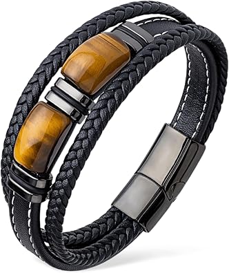 Tiger Eye Bracelet Men Multilayer Black Braided Genuine Leather Bracelet Natural Spiritual Stone Protection Bracelet Courage Jewelry Stress Relief Gift for Men