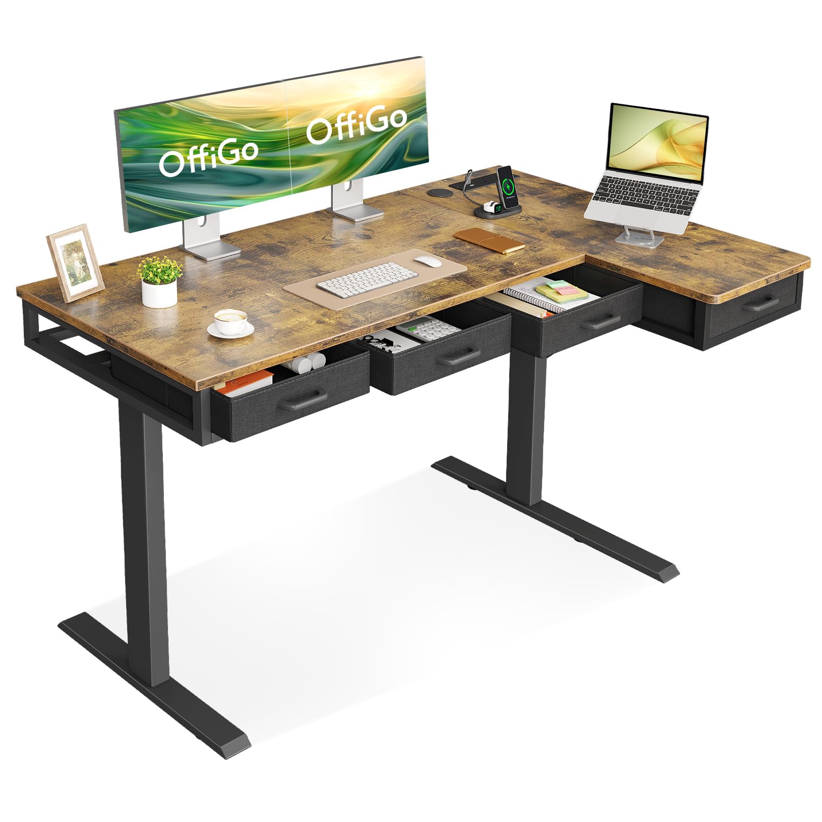 OffiGo Standing Desk, 140x80cm Corner Electric Desk with 4 Drawers, Large L Shaped Table with Socket, Height Adjustable Rising Table with Storage for Sit Stand Home Office Workstation, Rustic Brown