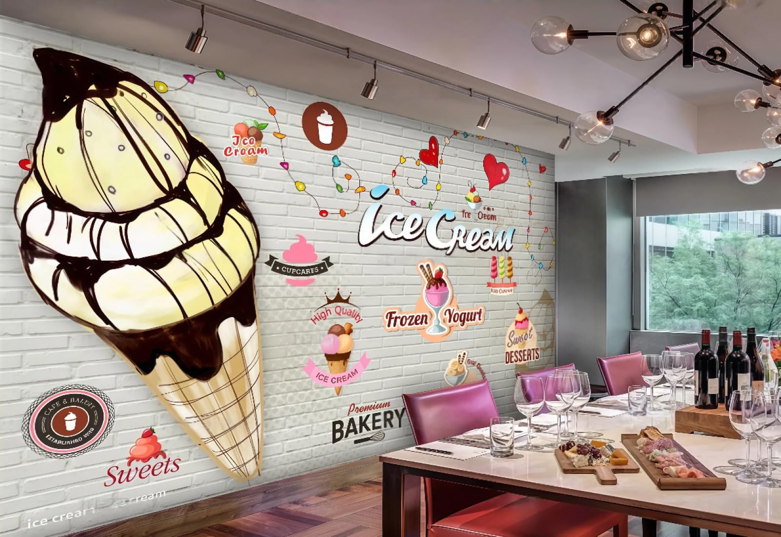 Rskjdghshd 3D Wallpaper Fashion Brick Wall Ice Cream Shop Gourmet Afternoon Tea Drink Shop Cake Room Background Wall Western Restaurant Wallpaper Cafe Mural,,250X175cm