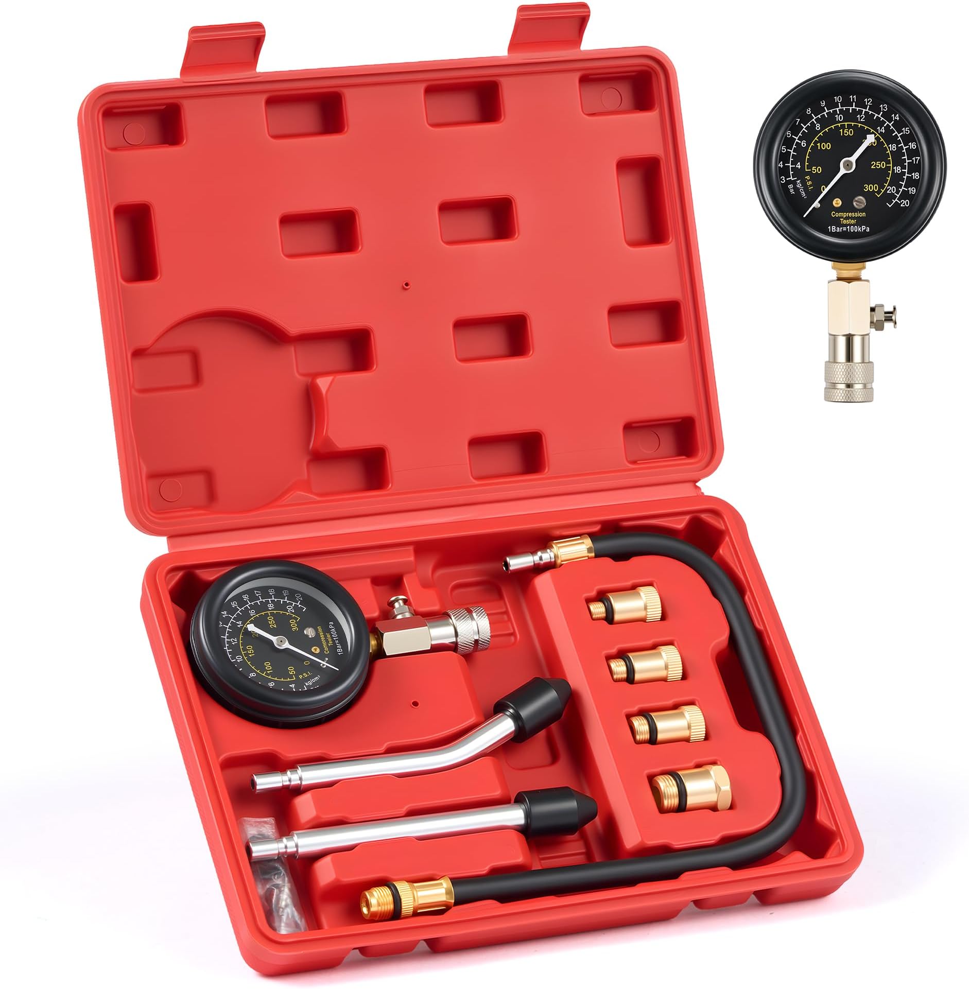 Orion Motor Tech Gasoline Compression Tester Kit, 8pc Petrol Engine Compression Tester Set with 0-300 psi Pressure Gauge 4 Adapters, Small Engine Compression Gauge Set for Motorcycle Car Truck