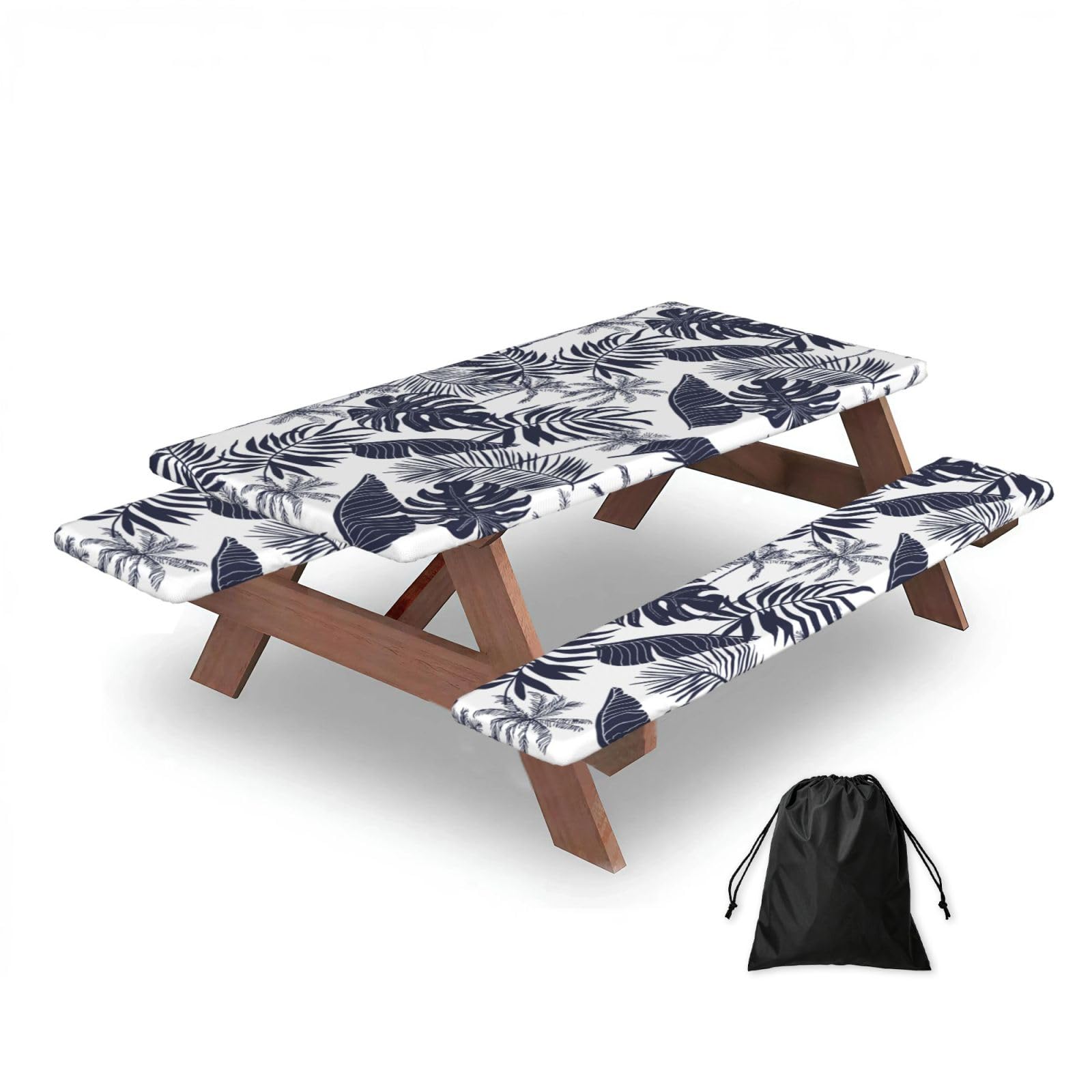 Dopklna As Picture Tropical Palm Trees Leaves Silhouette Hawaiian, Picnic Table Cover With Bench Covers -Waterproof Elastic Fitted Tablecloth For Garden Camping Patio 76X152cm