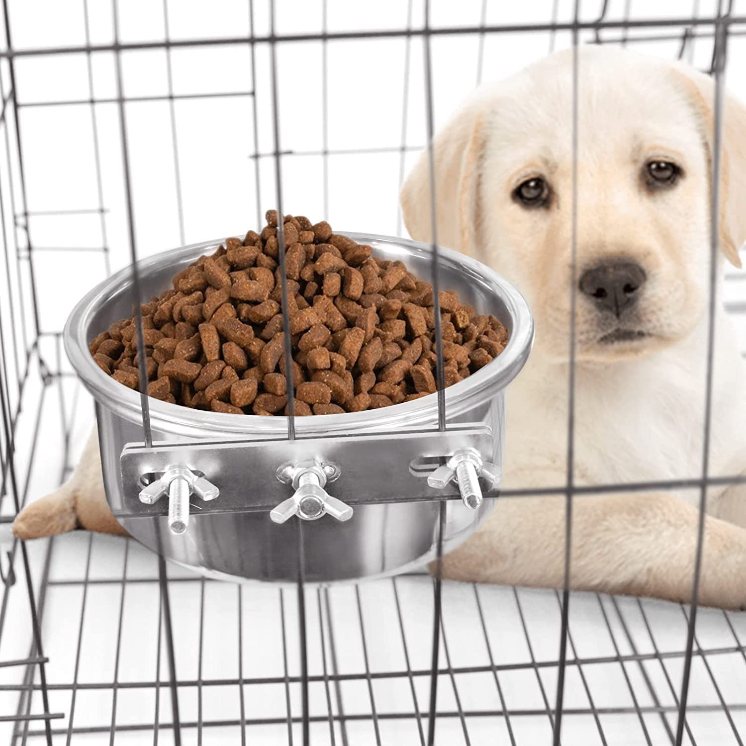 Hniuyun Lot de 2 gamelles à eau pour cage de chenil, bol à suspendre en acier inoxydable pour chien, chat, oiseau, cochon d'Inde, lapin, poulailler (10-12 cm)