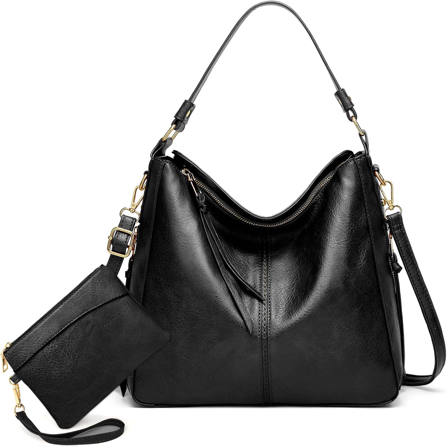 Large Trendy Designer Hobo Tote Bag for Women, Soft Leather Crossbody Shoulder Handbag, Purse and Wallet Set Black Brown