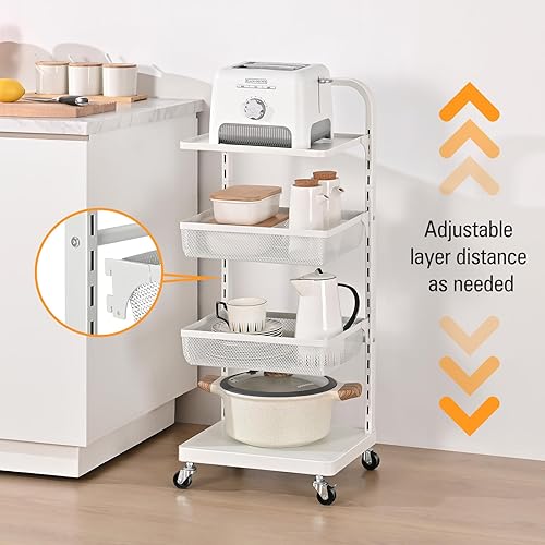 Miniatura 2 de TOOLF Carrito de almacenamiento con ruedas de 4 niveles, carrito de cocina ajustable, carrito de metal con ruedas, carrito organizador para pañales,