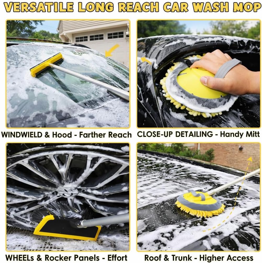 144" Car Wash Kit with Telescoping Pole, 20L Collapsible Bucket, Chenille Microfiber Mop, Bristle Brush, 2-in-1 Sponge & Window Squeegee, Towel & Waterproof Glove for RV Truck SUV Boat