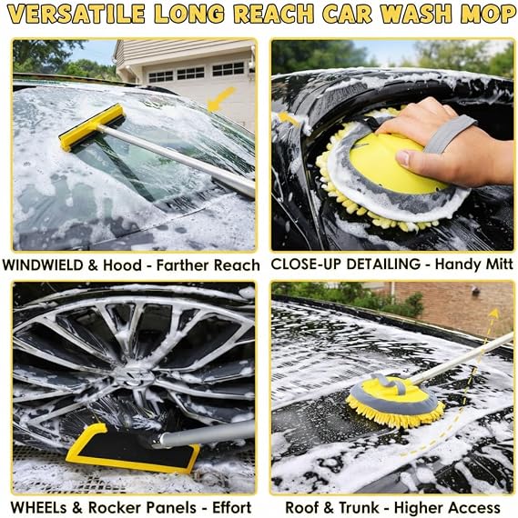144 Car Wash Kit with Telescoping Pole, 20L Collapsible Bucket, Chenille Microfiber Mop, Bristle Brush, 2-in-1 Sponge & Window Squeegee, Towel & Waterproof Glove for RV Truck SUV Boat