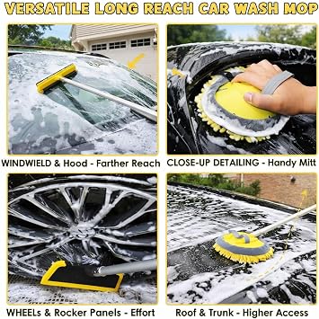 144 Car Wash Kit with Telescoping Pole, 20L Collapsible Bucket, Chenille Microfiber Mop, Bristle Brush, 2-in-1 Sponge & Window Squeegee, Towel & Waterproof Glove for RV Truck SUV Boat