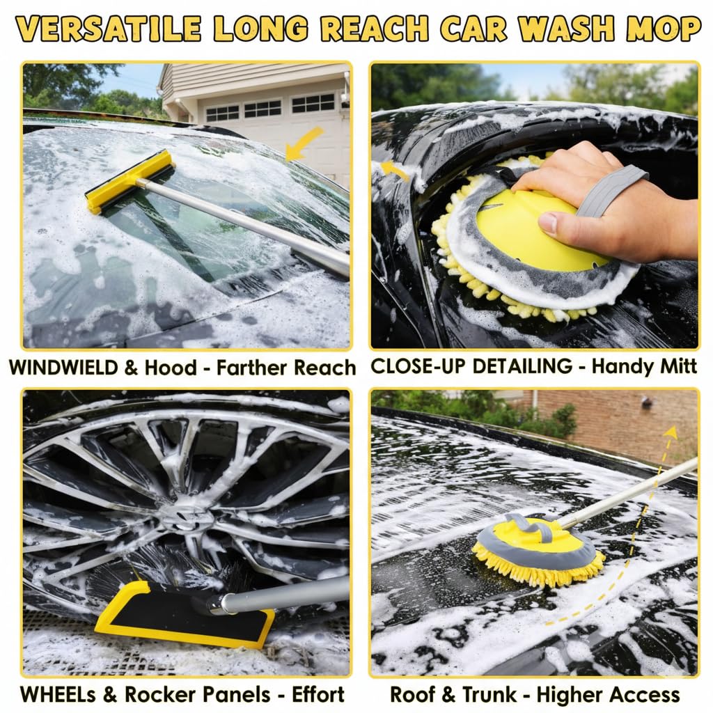 Kit de escobilla de cepillo de lavado de coche de 144 pulgadas con cubo plegable, poste telescópico, contenedor de agua plegable, impermeable, manopla, esponja, toalla súper absorbente, cerdas