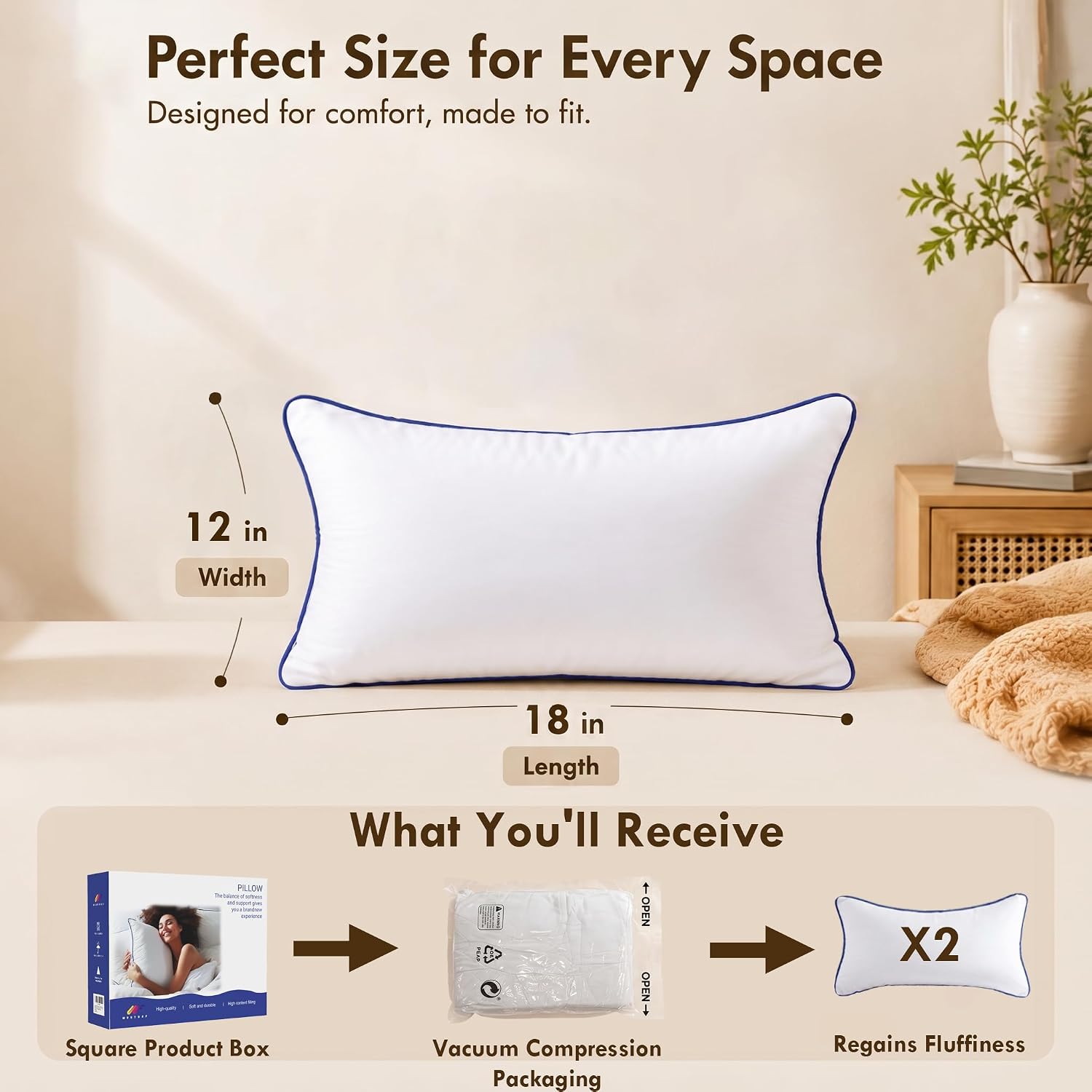 12x20 Pillow Inserts Set of 2 – Hypoallergenic Rectangular Pillow Inserts, Oeko-TEX Certified Virgin Fiber Filling, Machine Washable