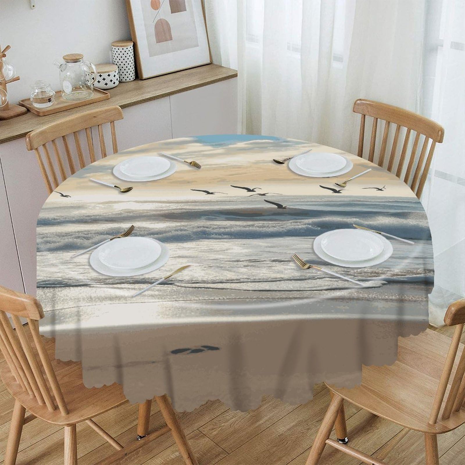 FekiLoot Waves on The Beach with Sea Birds Round Tablecloths 60 Inch Resistant Washable Polyester Table Cloth Style Decorative Circle Fabric Table Cover for Dining Kitchen Party Farmhouse Outdoor